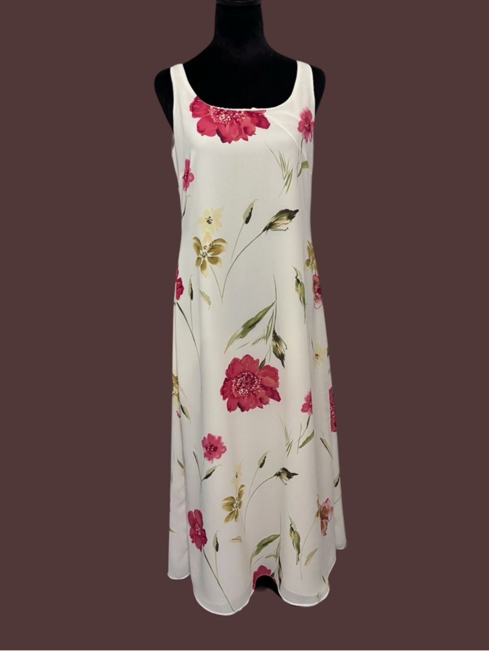 Warren Petites New York Womens Sleeveless Cream Maxi Dress Pink Floral Print 10P